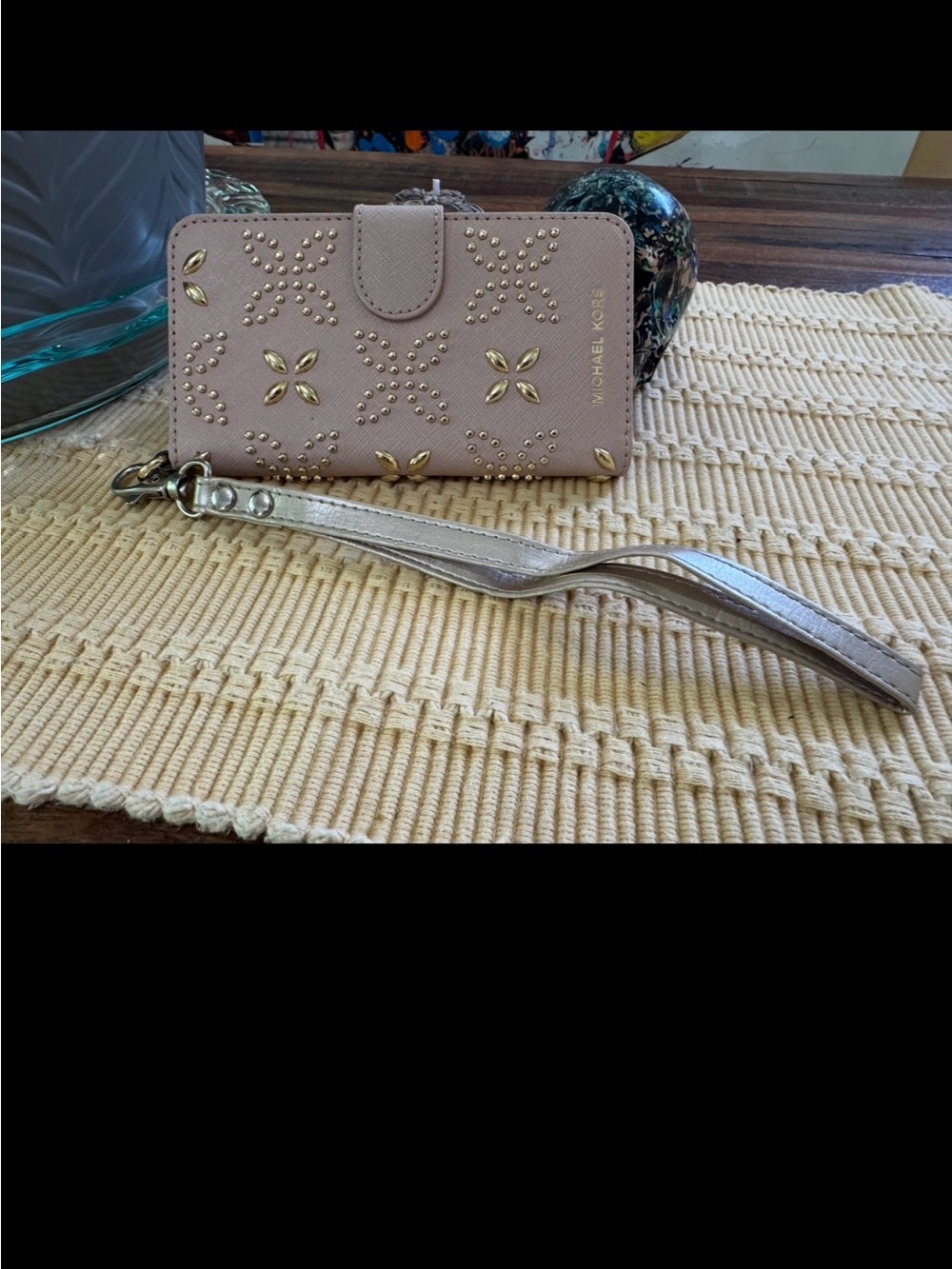 Michael Kors Pale Pink Studded Wristlet Phone Case with Gold Accents